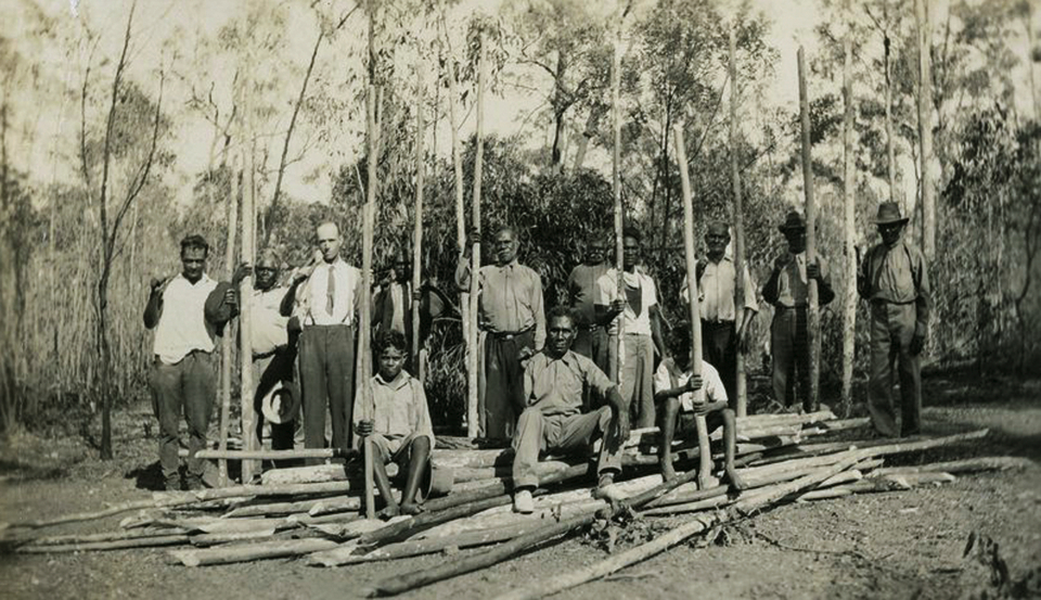 Men with wood for open-air cathedral at Barambah c1929