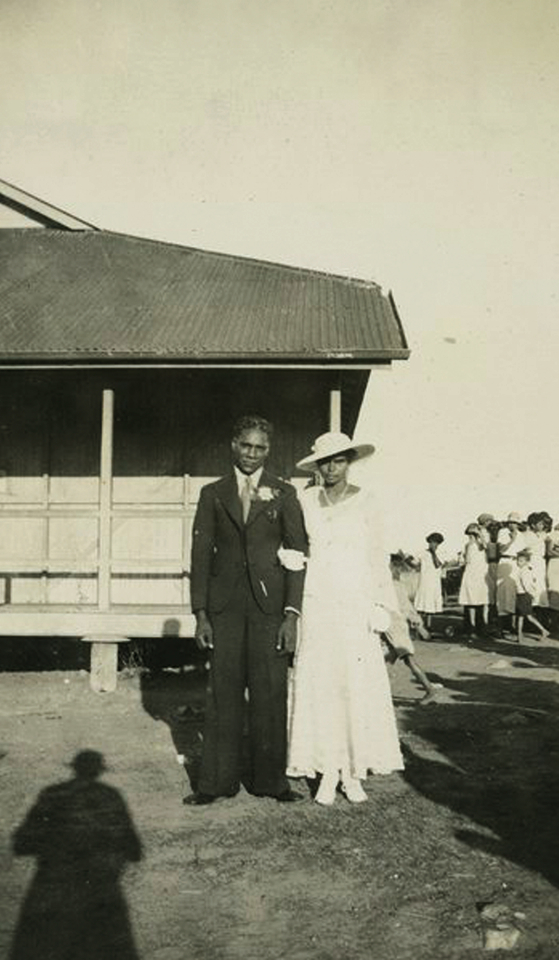Bride and groom at Welfare Hall at Barambah Aboriginal Settlement c1930