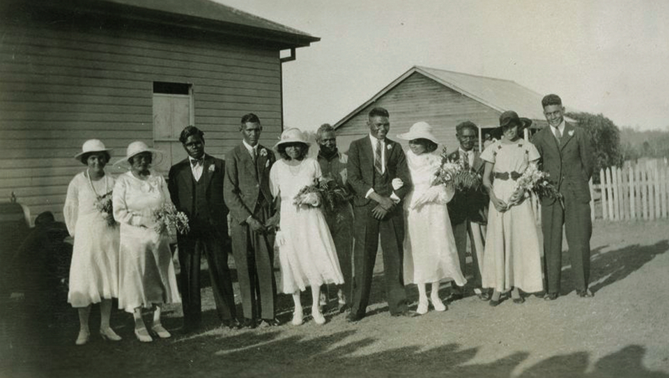 Jack O'Chin and Lorna Loder on their wedding day at Cherbourg c1930