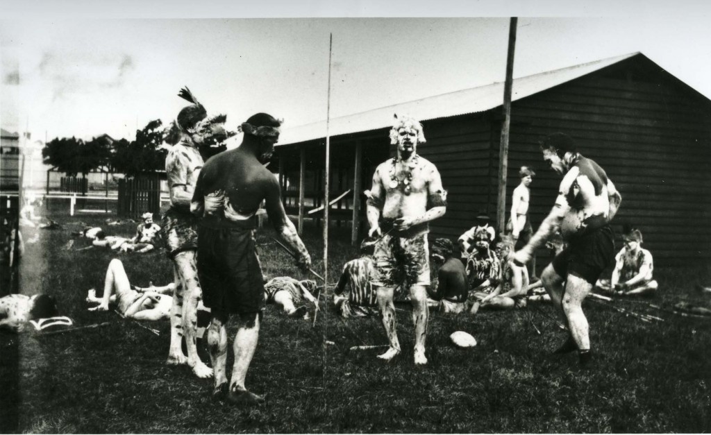 Decorated men at Grand Native Corroboree at the RNA Bowen Hills 1924