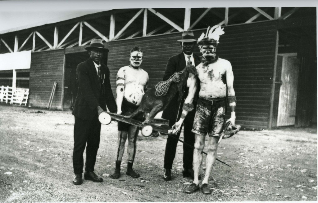 Men with kangaroo at Grand Native Corroboree at the RNA Bowen Hills 1924