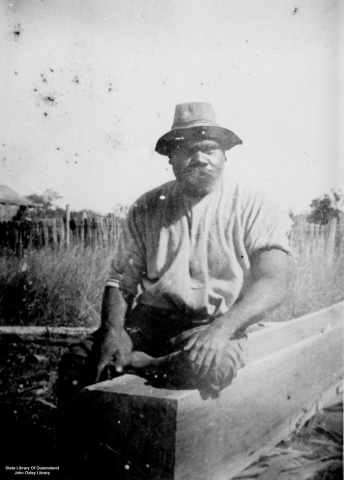 Man on beam at Barambah Aboriginal Settlement 1905