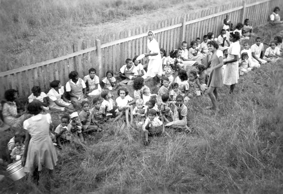 Children having lunch at Cherbourg c1950