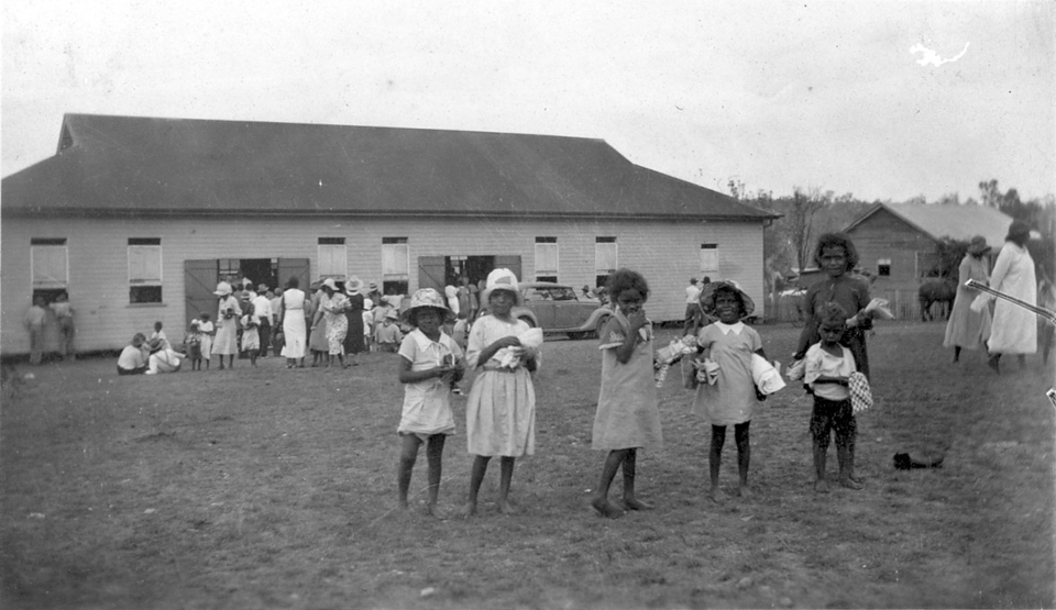 Children outside Welfare Hall at Barambah c1930