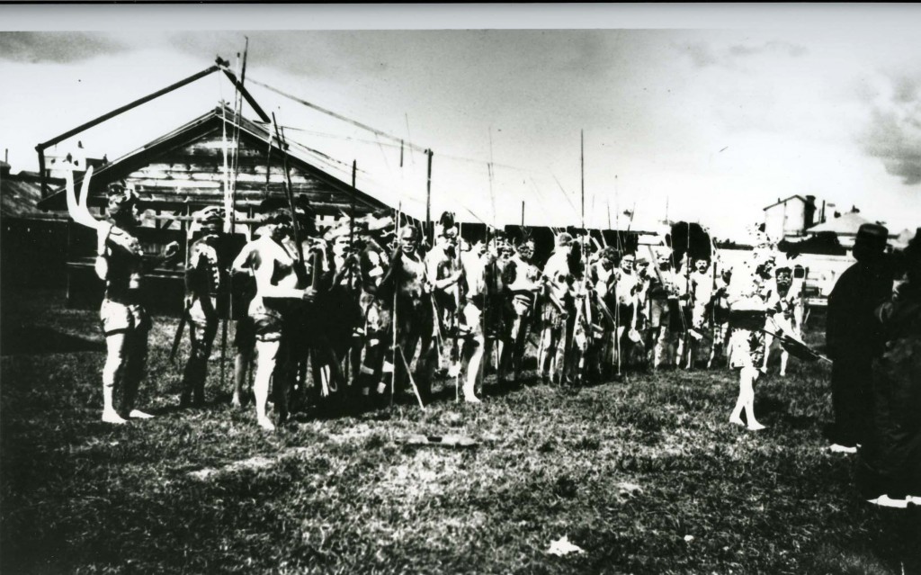 Decorated men at Grand Native Corroboree at the RNA Bowen Hills 1924