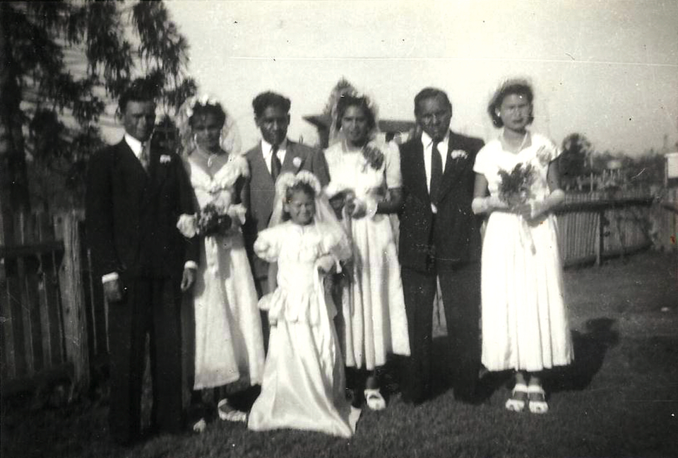 Richard and Audry Hill wedding party at Cherbourg c1950