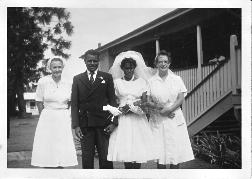 Tom Langton snr and Elvar Miller with nurses at Cherbourg Hospital 1962