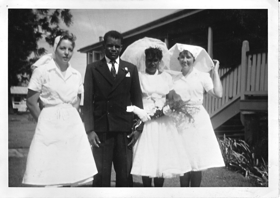 Tom Langton snr and Elvar Miller with nurses at Cherbourg Hospital 1962