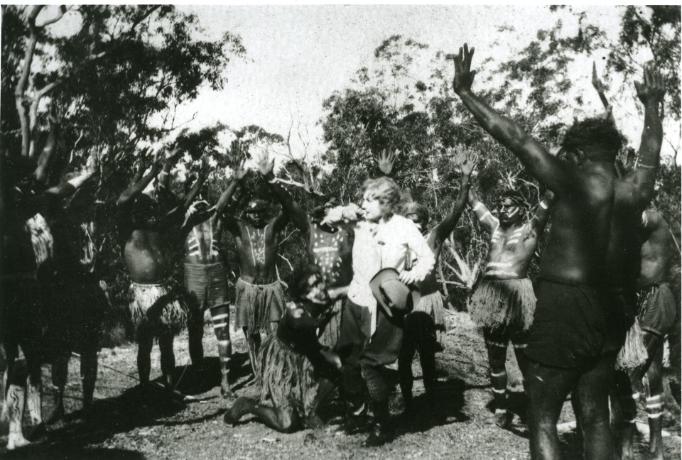 Cherbourg men performing for movie c1930