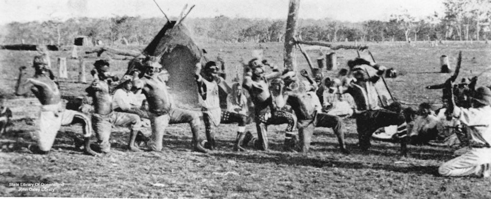 Decorated men dancing at Barambah Aboriginal Settlement 1908