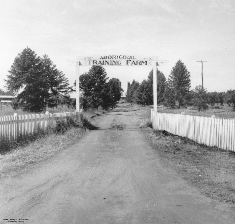 Entrance to Aboriginal Training Farm at Cherbourg c1940