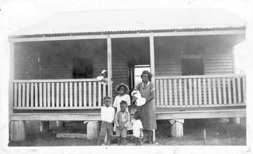 Family-group-outside-cottage-at-Barambah-Aboriginal-Settlement_1940s