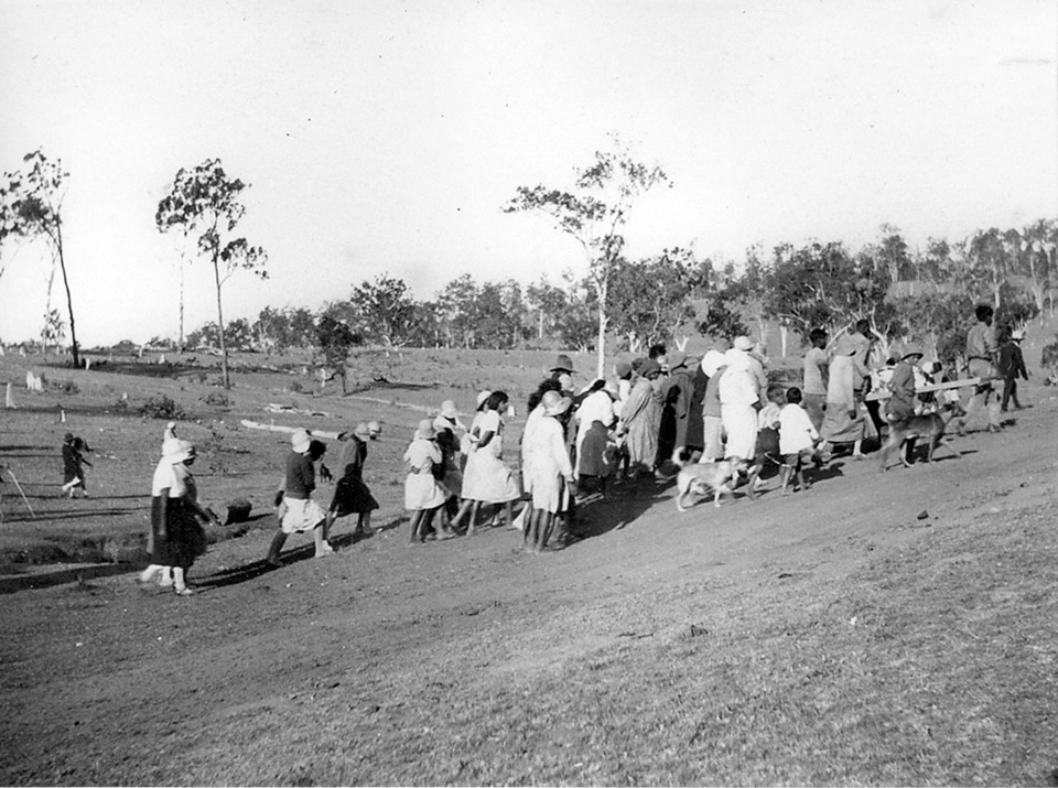 Funeral procession near cemetary at Barambah Aboriginal Settlement c1928