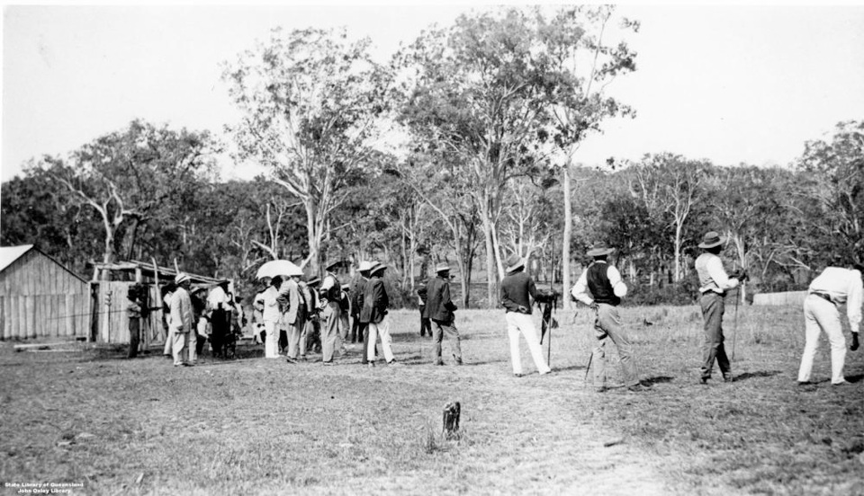 Governer Sir William McGreggor watching spear throwing at Barambah Aboriginal Settlement 1911