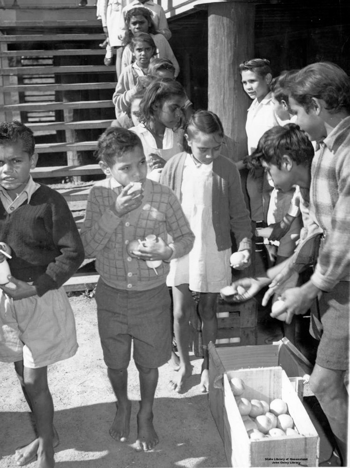 School-children-receiving-morning-tea-at-Cherbourg-State-School_1960